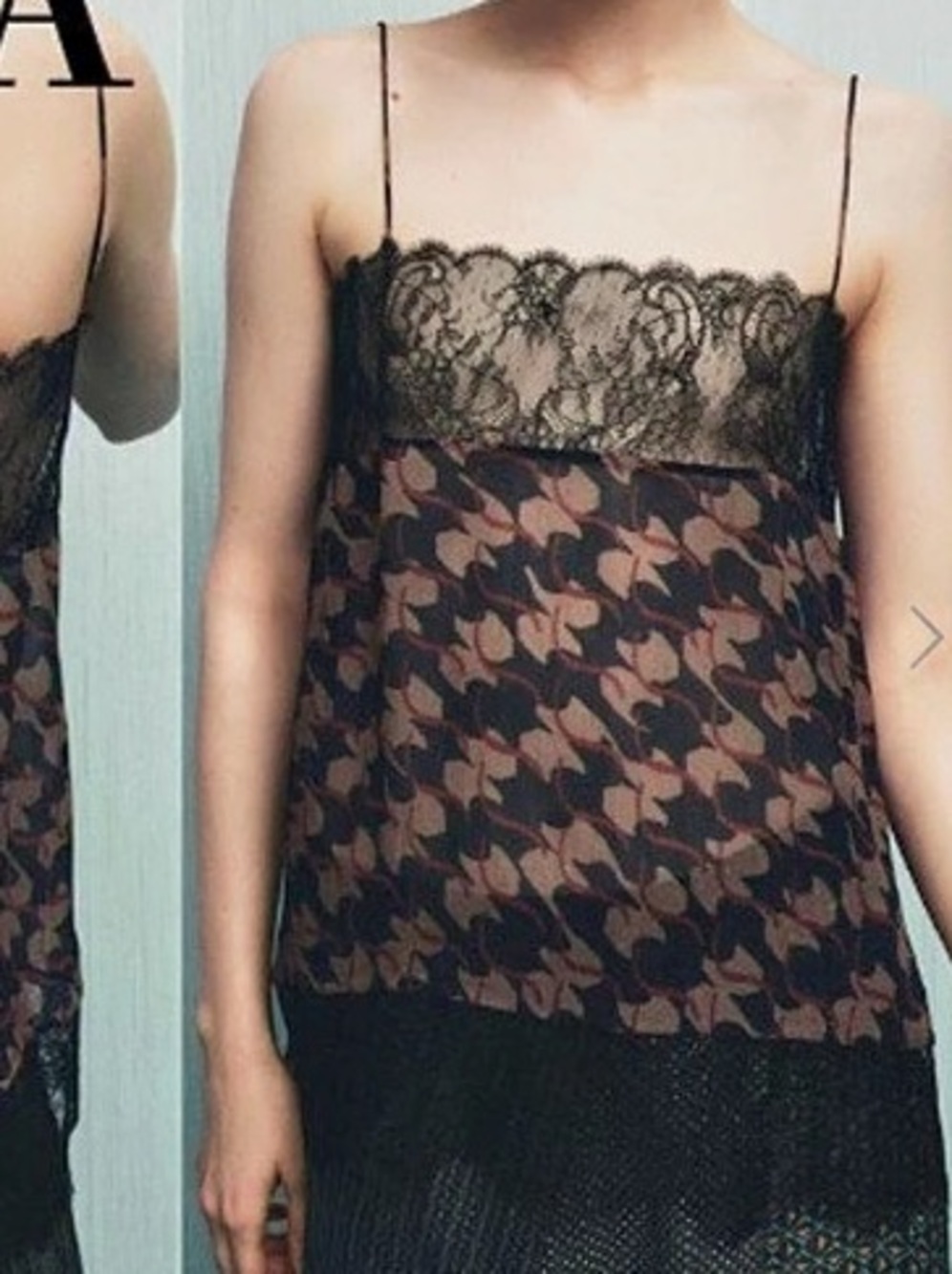 Zara Printed Lace Trim Top Floral top in Black & Pink XS